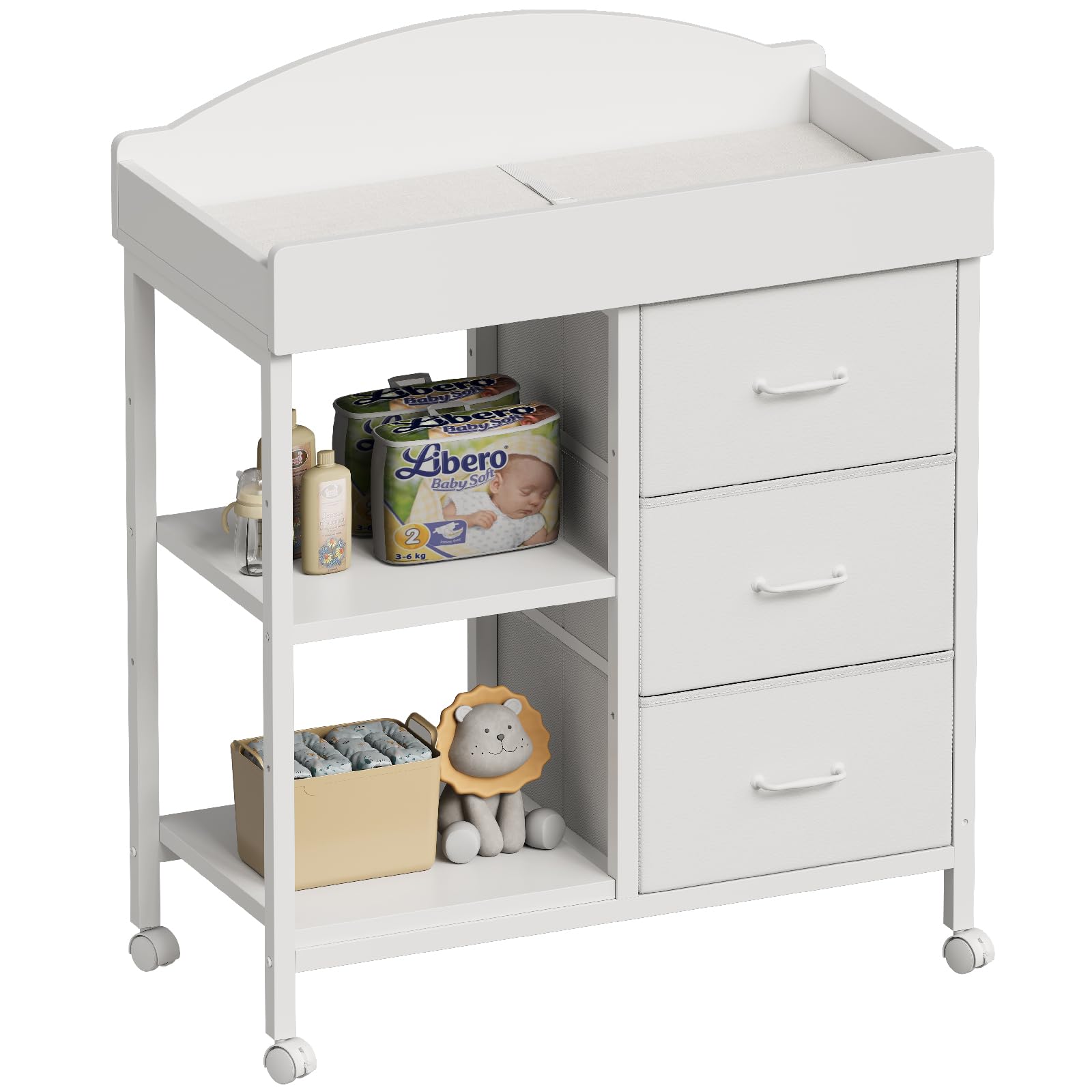 Changing Table Dresser, Baby Dresser with 3 Drawers and 2 Shelves, Multi-Functional Baby Changing Table with Pad, Classic Nursery Dresser, Diaper Changing Station for Children's Room, White