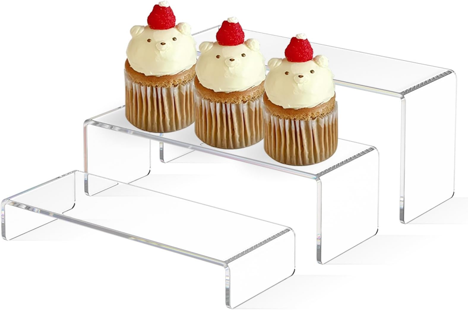 AITEE Pack of 3 Acrylic Display Risers Stand: Table Top Clear Acrylic Perfume Shelf with 3 Sizes for Funko Pop Figures Jewellery Cosmetics Cupcakes Table Decoration