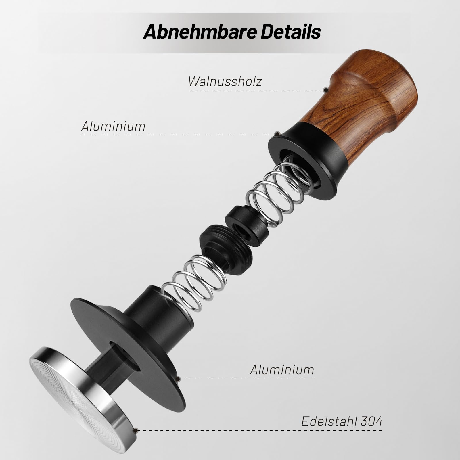 Pressino per espresso V5, 51 mm, 2 pressino calibrato a molla con base ondulata in acciaio inossidabile, manomissione con manico in legno di noce, compatibile con macchina da caffè espresso