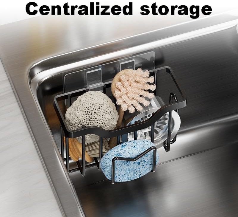 Sink Caddy Organizer, Black Metal Sponge Holder with Drainage Design, Kitchen Sink Storage Rack, Self-Adhesive Mount, 15x8x9.5cm