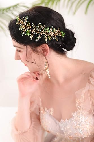Miniatura 4 de Accesorio de pelo dorado hecho a mano para novia, diadema de diamantes de imitación esmeralda, diadema de cristal verde, bandas de pelo de boda