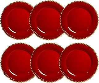 Red Charger Plates, 13 Inch Plastic Beaded Chargers for Dinner Plates, Party, Wedding, Birthday. Table Setting, (Set of 6)