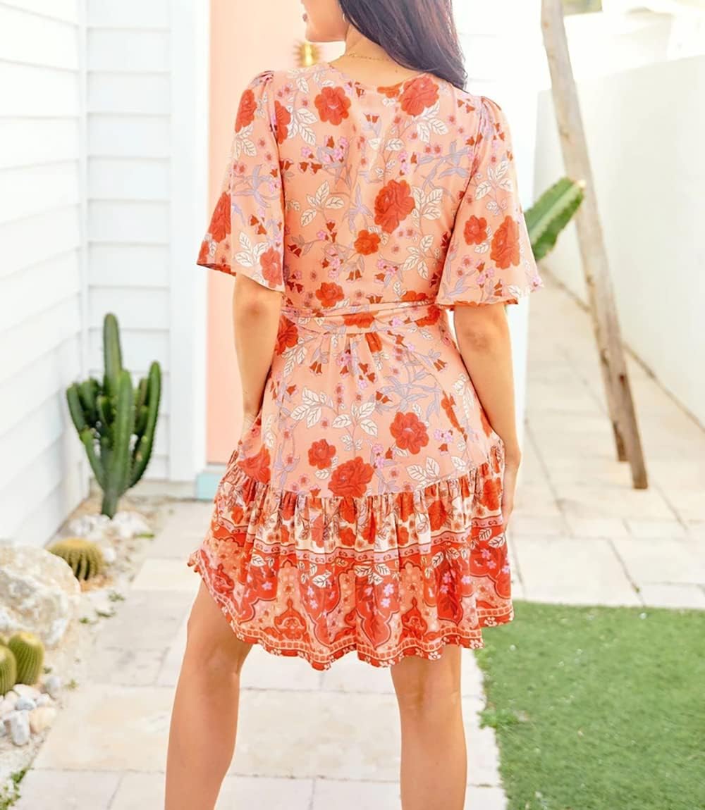 R.Vivimos Women Summer Short Sleeve Casual Bohemian Beach Ruffle Floral Print Bow Tie Short Sun Dress - Image 4