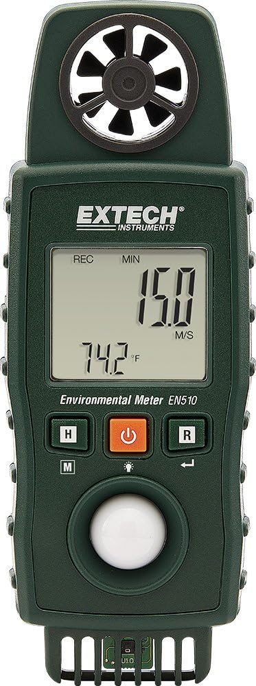 EN510 10-in-1 Environmental Meter - Measures Air Velocity, Light, Sound, Temperature, Humidity, Dew Point, Wet Bulb, Heat Index, Wind Chill, Portable Multi-Function Tester with Backlit LCD