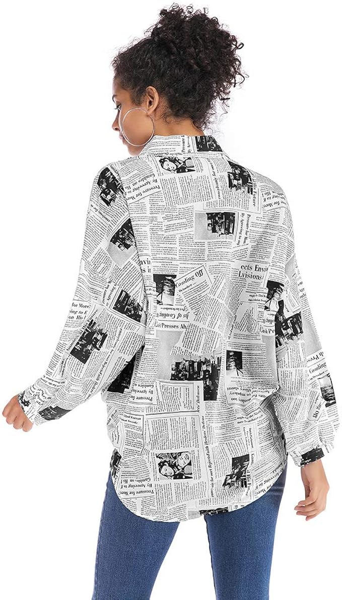 Newspaper Print Blouse Shirt Women 