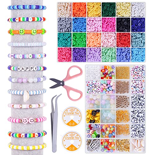 bemece 6900+ Stück 24 Farben Polymer Clay Perlen Set, 6mm Perlen zum Auffädeln, Clay Perlen für Erwachsene und Kinder, Polymer Clay Perle Bastelset DIY Halskette, Armband Cover
