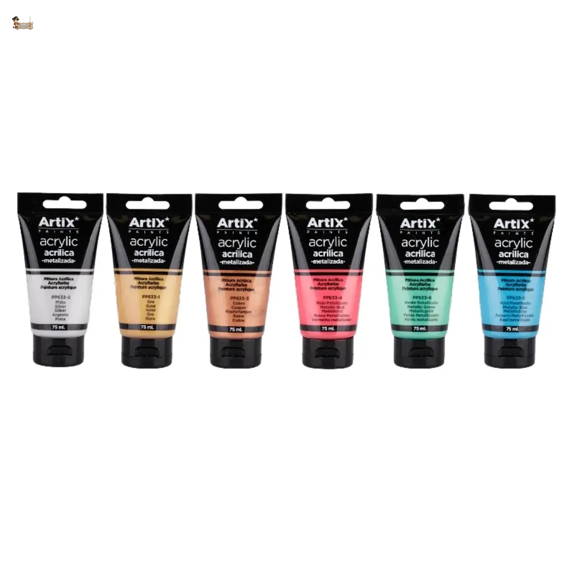 BricoLoco.com Metaliczna farba akrylowa, zestaw 6 tubek po 75 ml, kolory metaliczne, wysoka siła krycia, metaliczny efekt na płótnie, do majsterkowania, sztuki i dekoracji