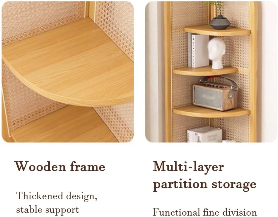 5-Tier Rattan Corner Shelf - Triangular Multi-Functional Storage Solution with Sturdy Wooden Frame (Brown) - Perfect for Home Decor & Space-Saving Organization
