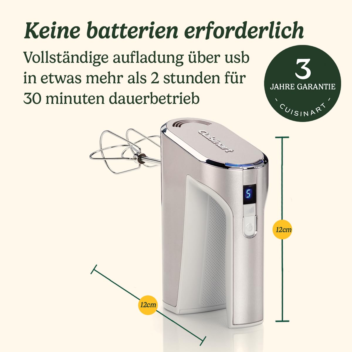 Cuisinart Cordless Power Hand Mixer | Cake Mixer zum Backen | Edelstahlschläger, 5 Geschwindigkeiten | wiederaufladbar | 20 Minuten Dauerbetrieb | Spülmaschinenfest | Elektrischer Handmixer