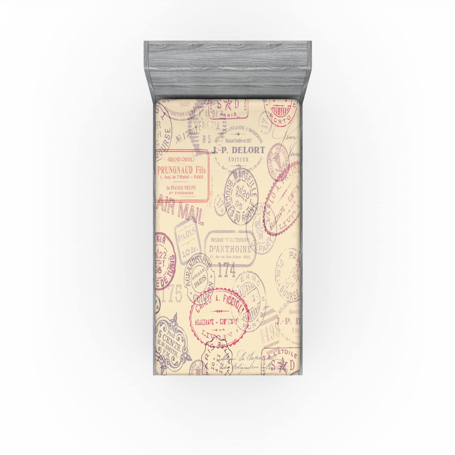 Ambesonne Vintage 2 Pack Fitted Sheet, Retro Inspired Postage, Bed Cover All-Round Elastic Deep Pockets 2 Pieces, Package Contains 2 Twin Size Fitted Sheets, Beige Purple