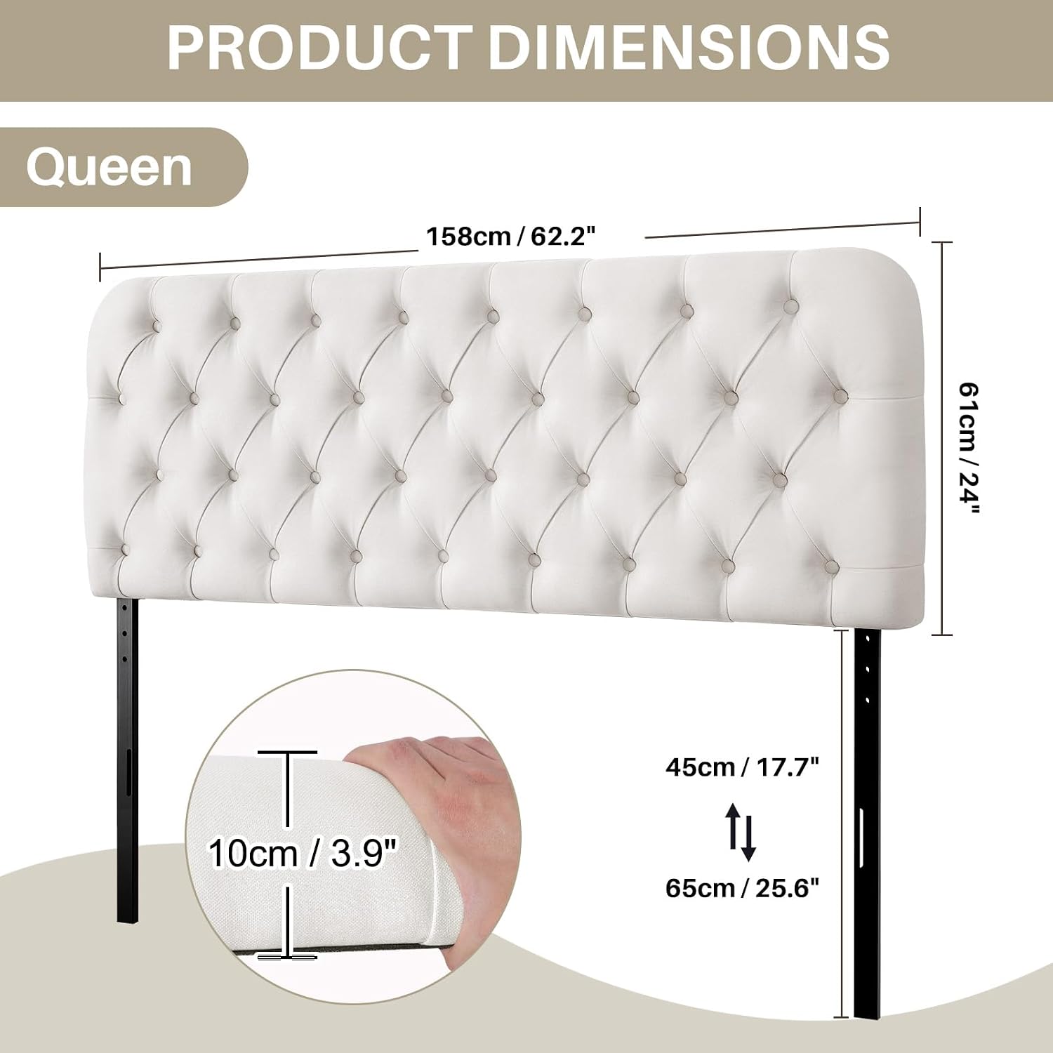 Lucky Monet Upholstered Headboard Queen Size, Button Diamond Tufted Headboard with Metal Legs, Adjustable Height from 41.7" to 49.6", Sturdy and Durable Solid Wood Bed Headboard (Beige, Queen)