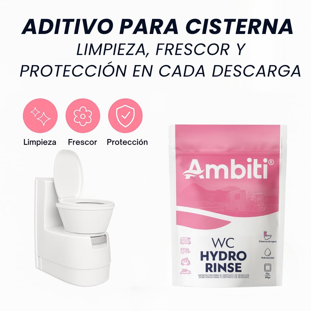 Ambiti | WC Rinse | Monodosis Hidrosolubles para Cisterna de Inodoros Portátiles y Cassettes |Desinfecta y Perfuma en Cada Descarga |Camper,Autocaravana,Caravana y Barco |Piña Colada |15 Ud