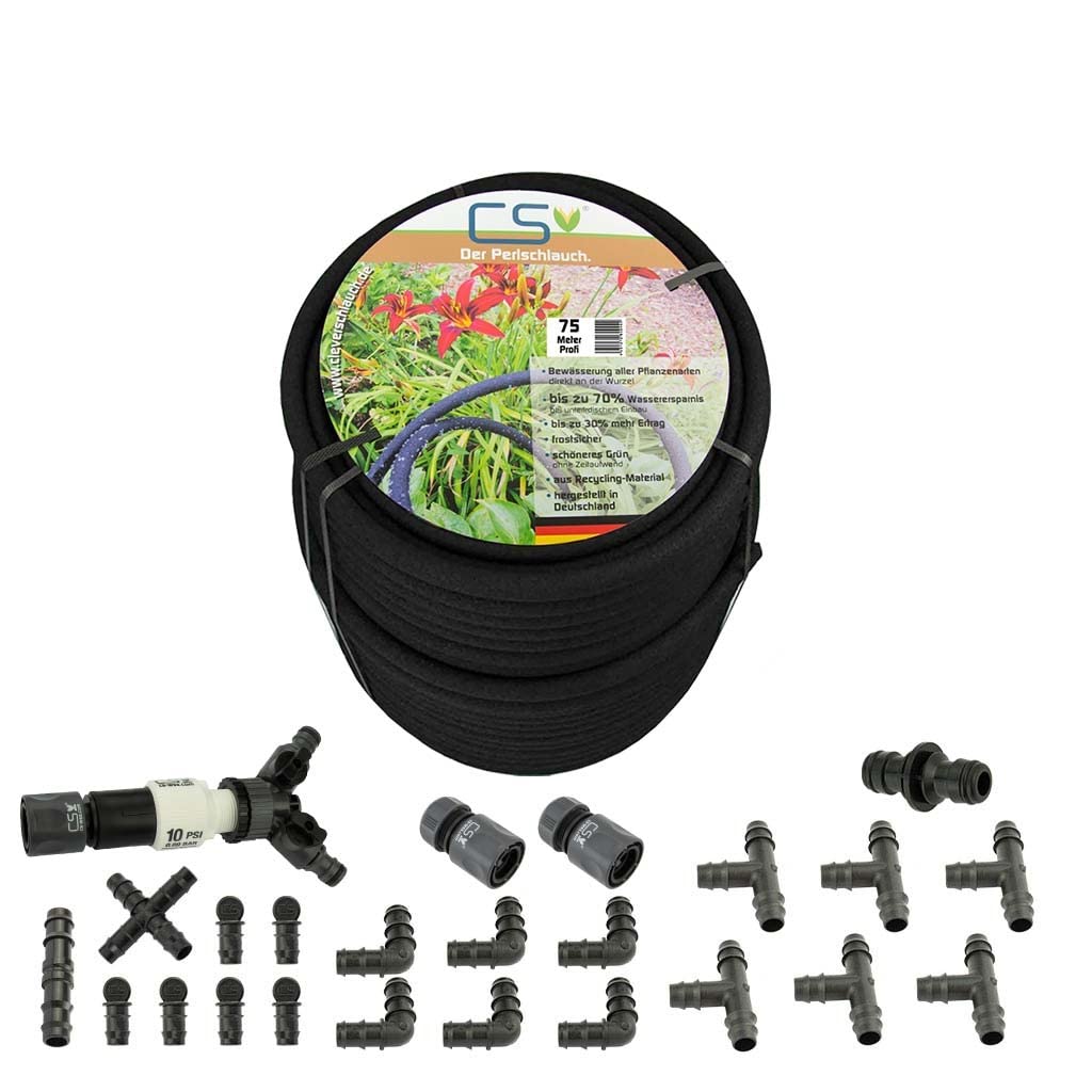 CS Perlschlauch Profi 75m mit Druckminderer für die Bewässerung im Garten/Rasenbewässerung/Flächenbewässerung