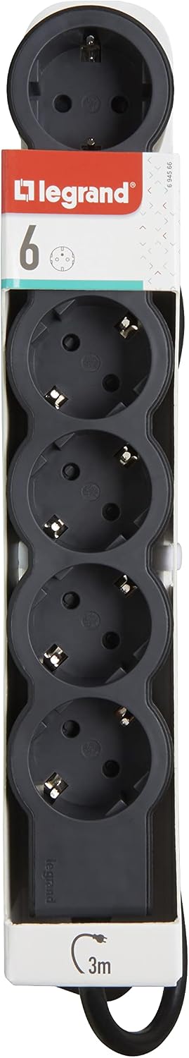 LEGRAND, 694566 694566 Flat Power Strip 6-Way Socket Multiple Socket 3 m Cable Length Black/Dark Grey