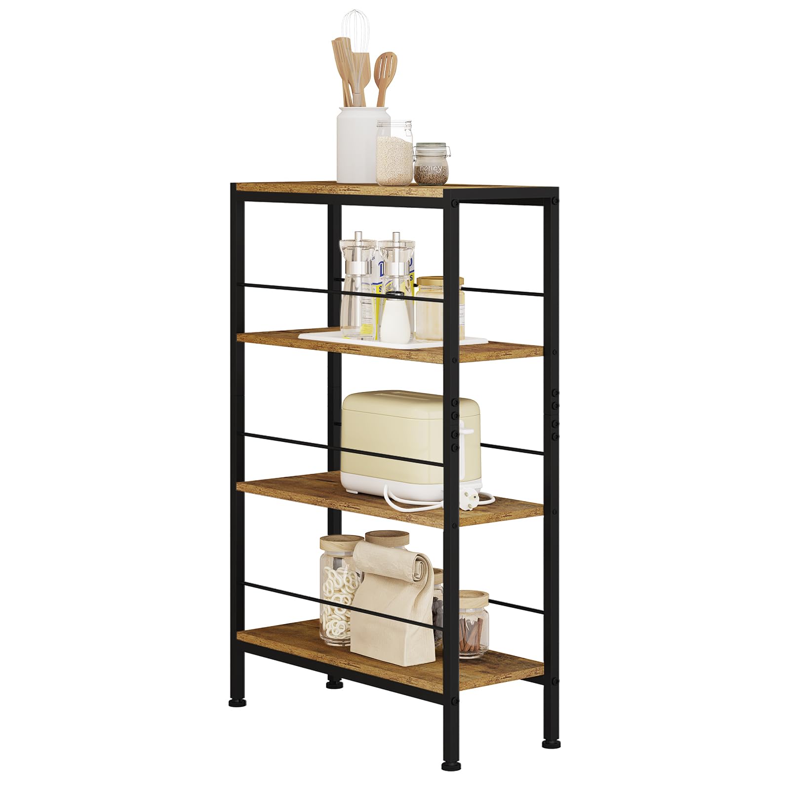 WOLTU Estanteria de 4 Niveles, Estante de Almacenaje, Estanterias para Cocina, Salon y Dormitorio, Libreria Estructura Metal, Marrón Rústico + Negro, 50x20x78 cm, RGB52shm