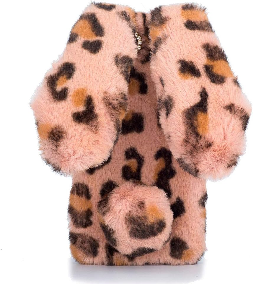 HongHushop Cute Rabbit Case Plush Cover for iPhone XR Case Super Soft Warm Fluffy Furry Bunny Ears Shockproof Back Case Cover Chic Bling Crystal Diamond Bowknot Case -pink leopard