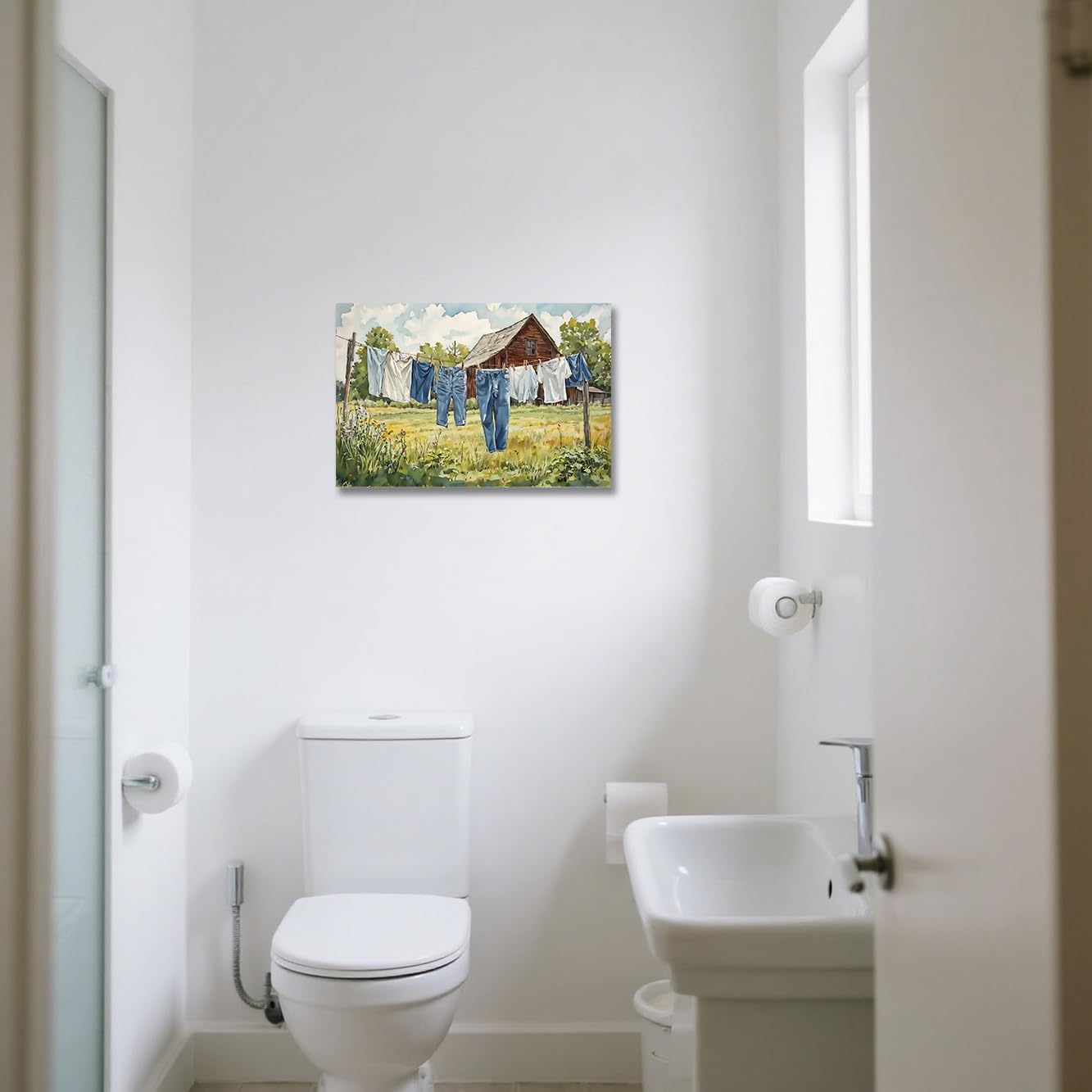 BJYCHG Laundry Canvas Wall Art Retro Clothesline Picture Rustic Farmhouse Painting Vintage Laundry Room Wall Decor for Bathroom Restroom Frame (16L x 24W)
