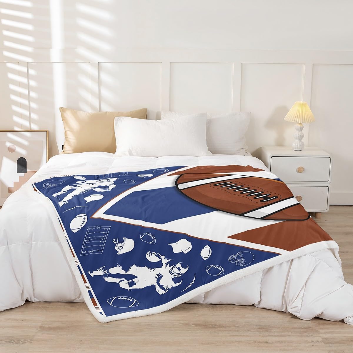 Erosebridal Sports Football Fleece Bed Blanket for Boys Football Field Throw Blanket Twin 60"X80" for Kids Teen,Rugby Helmet Player Sherpa Fuzzy Blankets Geometric Ball Games Room Decor