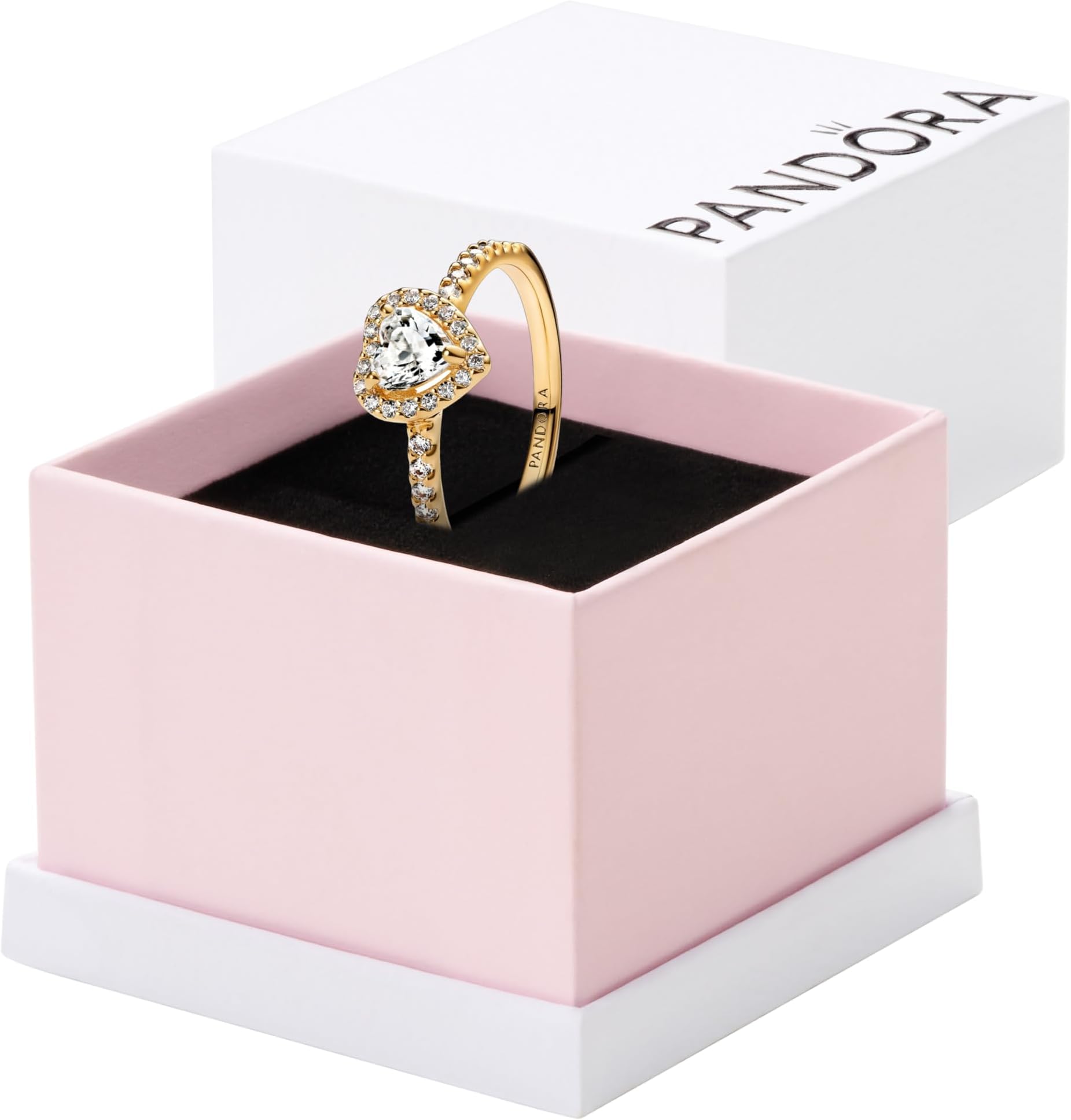 Pandora Sparkling Elevated Heart Ring - Rose Gold Ring for Women - Layering or Stackable Ring - Gift for Her - 14k Rose Gold-Plated Rose with Cubic Zirconia, With Gift Box