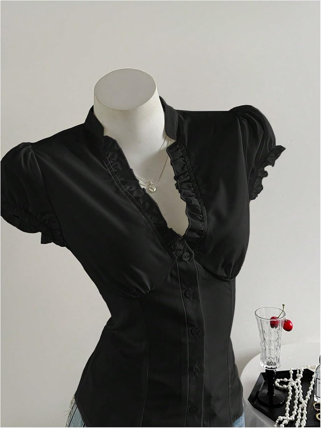 Women's Button Down Puff Sleeve Shirts Summer Cute V Neck Fitted Blouses Going Out Tops - Image 2
