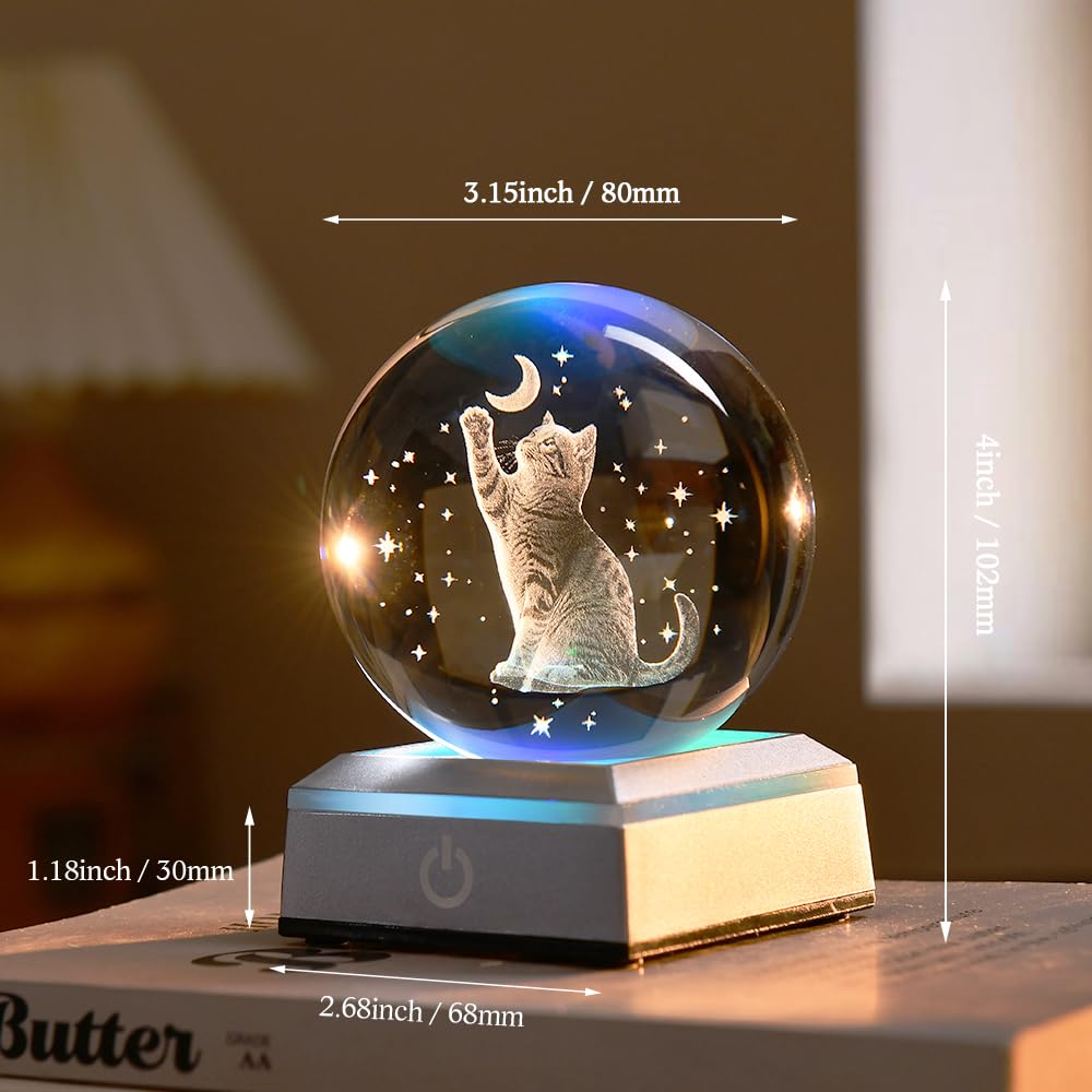 3D kot kryształowa kula prezenty dla miłośników kotów lampka nocna szklana lampa dla kota z księżycem gwiazda kot powiązane kule prezenty dla kota prezenty 80 mm kot kula kot rzeczy z