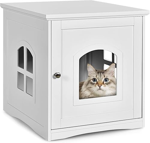 Miniatura 9 de Tangkula Caja de arena para gatos, mesa auxiliar decorativa para gatos con puerta magnética y ventana cruzada, mesita de noche interior, casa de