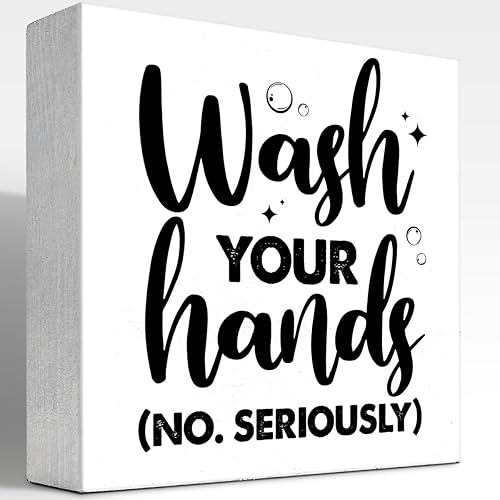 z-crange Letrero divertido de madera con texto en inglés Wash Your Hands, placa de madera para baño, estante y decoración de inodoro