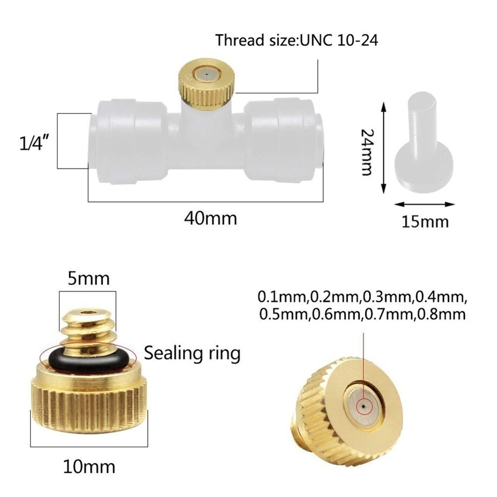 Dysza zraszająca z regulacją, rozpylająca, mosiężna, 50 sztuk, dysze zraszające z mosiądzu, trójniki 1/4'' Slip-Lock, 0,1-0,8 mm, chłodzenie tarasu na zewnątrz (0,6 mm)