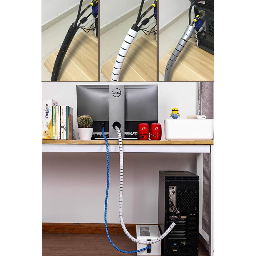 Avvolgicavo A Spirale Tagliabile 5 Metri Grigio | Organizer Per Cavi TV/PC Con Clip | Gestione Cavi In Ufficio E Casa