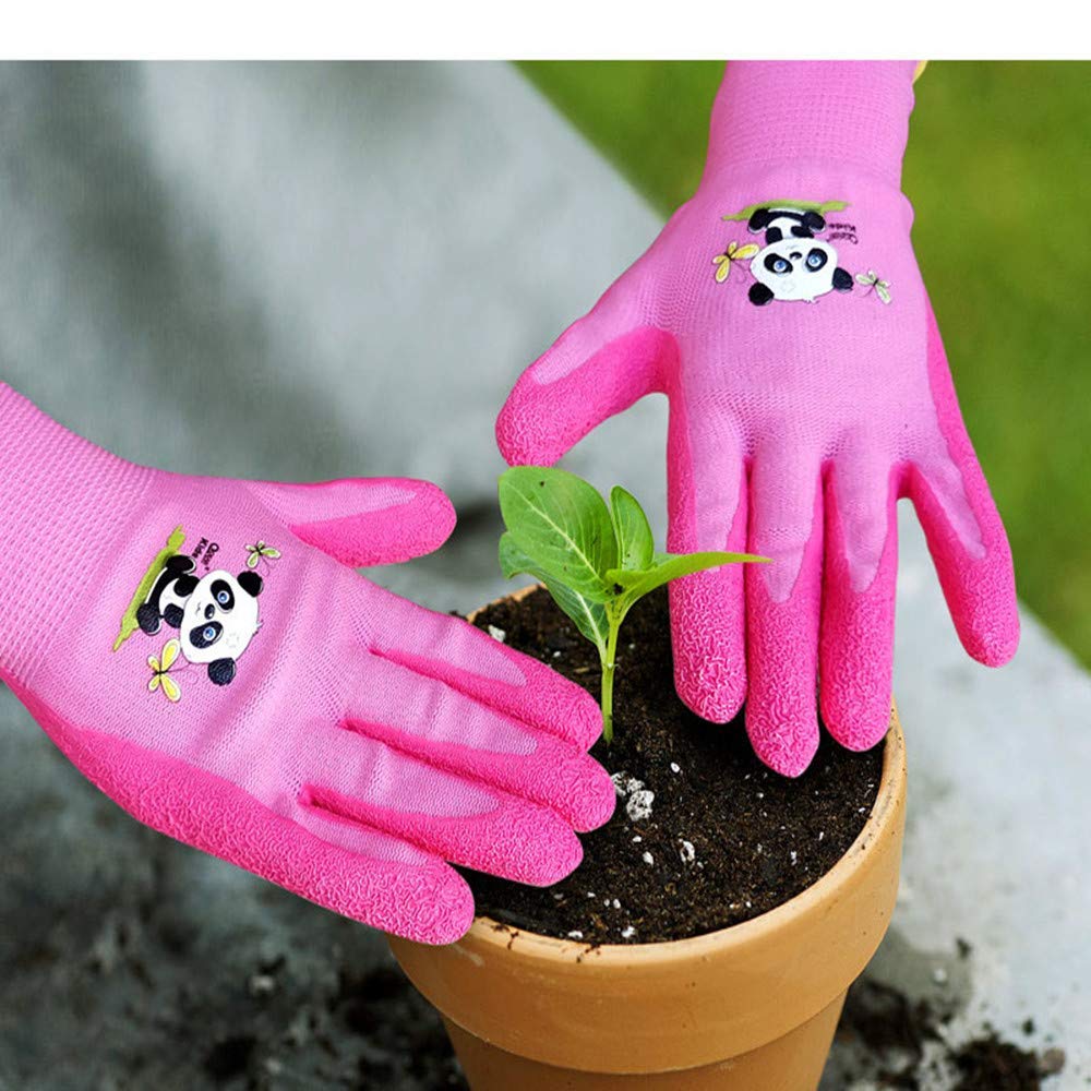 Dziewczęce różowe dziecięce rękawice ogrodowe, małe dzieci w wieku 3-6 lat, DIY, przedszkole, na zewnątrz, dzianinowa wkładka, powłoka z naturalnej gumy dla odporności na wodę / zabrudzenia (3-6 lat różowe)
