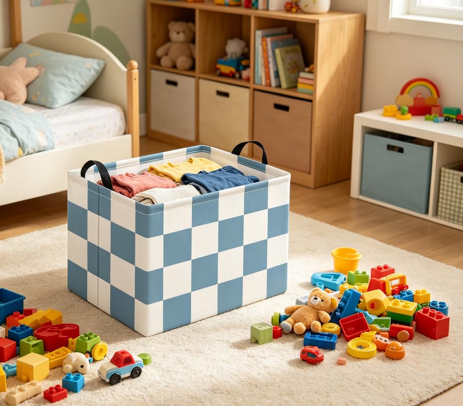Image of Rectangular Baby Kids Storage Basket for Home Kitchen Girls Cute Toy Storage Bin Organizer Shelf Book Room Decor(Blue Checkered)