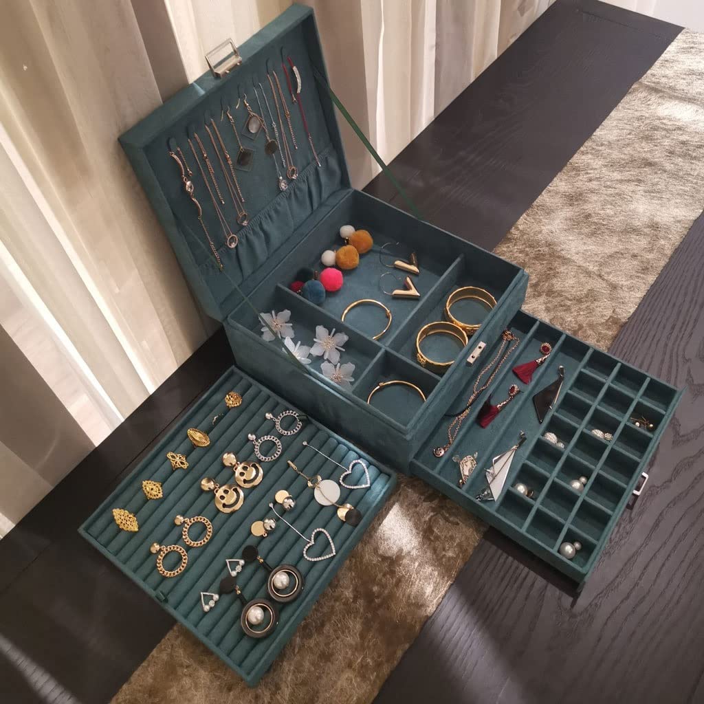 Organizer per gioielli in velluto a 3 strati per collane, anelli, bracciali, orecchini e orologi