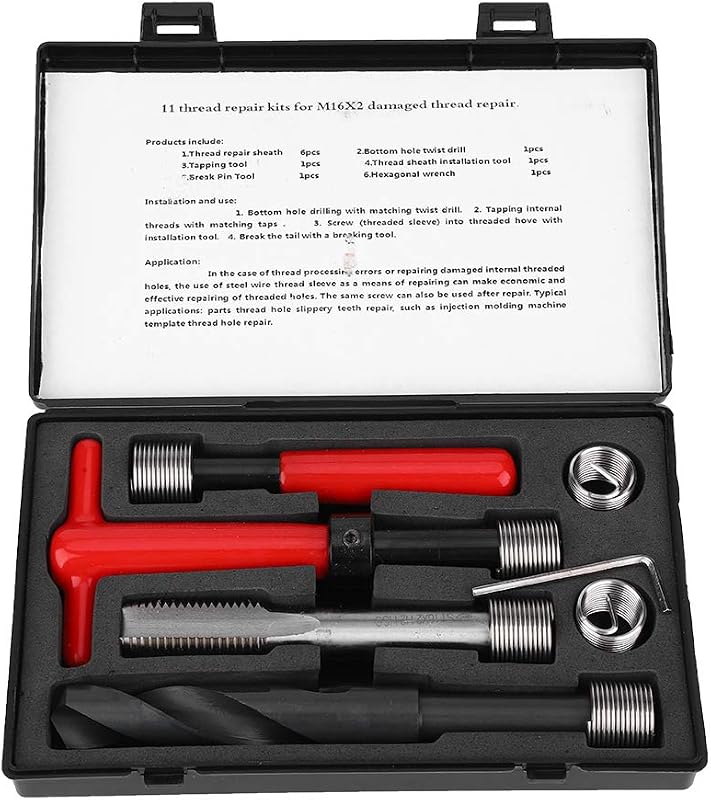 11Pcs M16x2 Thread Repair Kit Stainless Steel Twisted Drill Tap Hex Wrench Threaded Insert and Breaker Tool helicoil Thread Repair kit Wood Repair kit helicoil kit