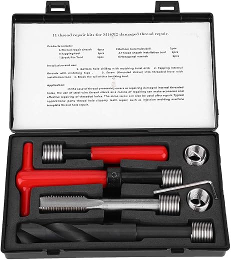 11Pcs M16x2 Thread Repair Kit Stainless Steel Twisted Drill Tap Hex Wrench Threaded Insert and Breaker Tool