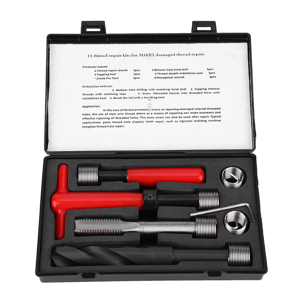 11Pcs M16x2 Thread Repair Kit Stainless Steel Twisted Drill Tap Hex Wrench Threaded Insert and Breaker Tool