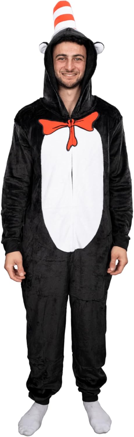 Dr Seuss The Cat in the Hat Fleece Zip Up Jumpsuit Adult Halloween Costume Cosplay One Piece Union Suit Officially Licensed