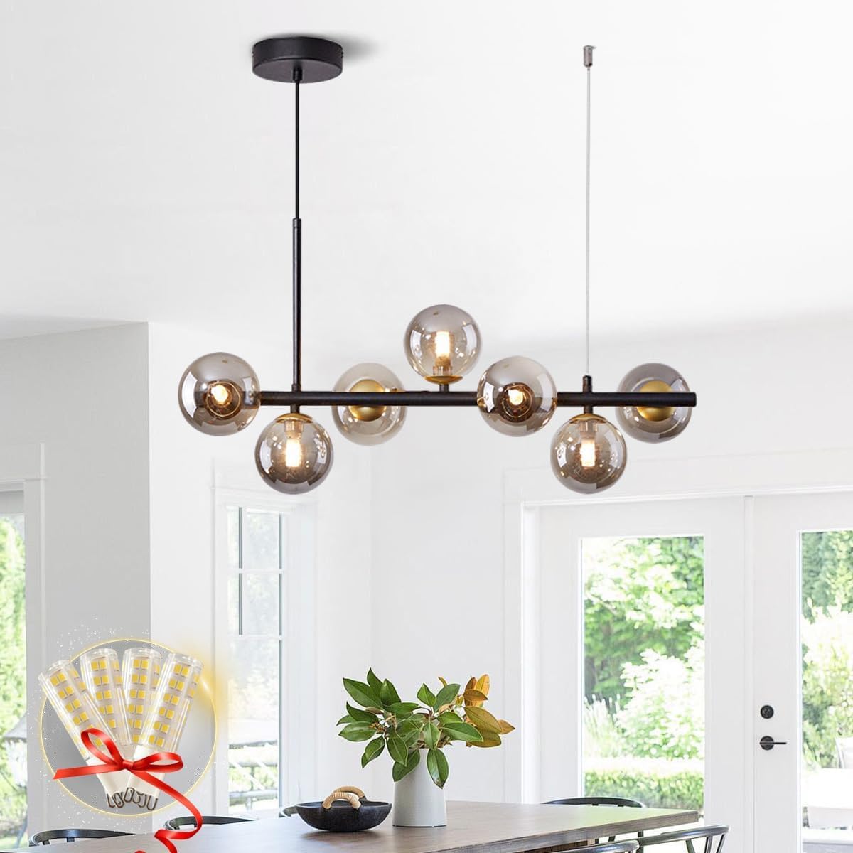 7-Lights Linear Bubble Globe Glass Chandelier, Modern Hanging Ceiling Lamp Clear Ball Glass Pendant Light Fixtures for Kitchen Island Dining Living Room, Long Black Sputnik Chandeliers Indoor Lighting