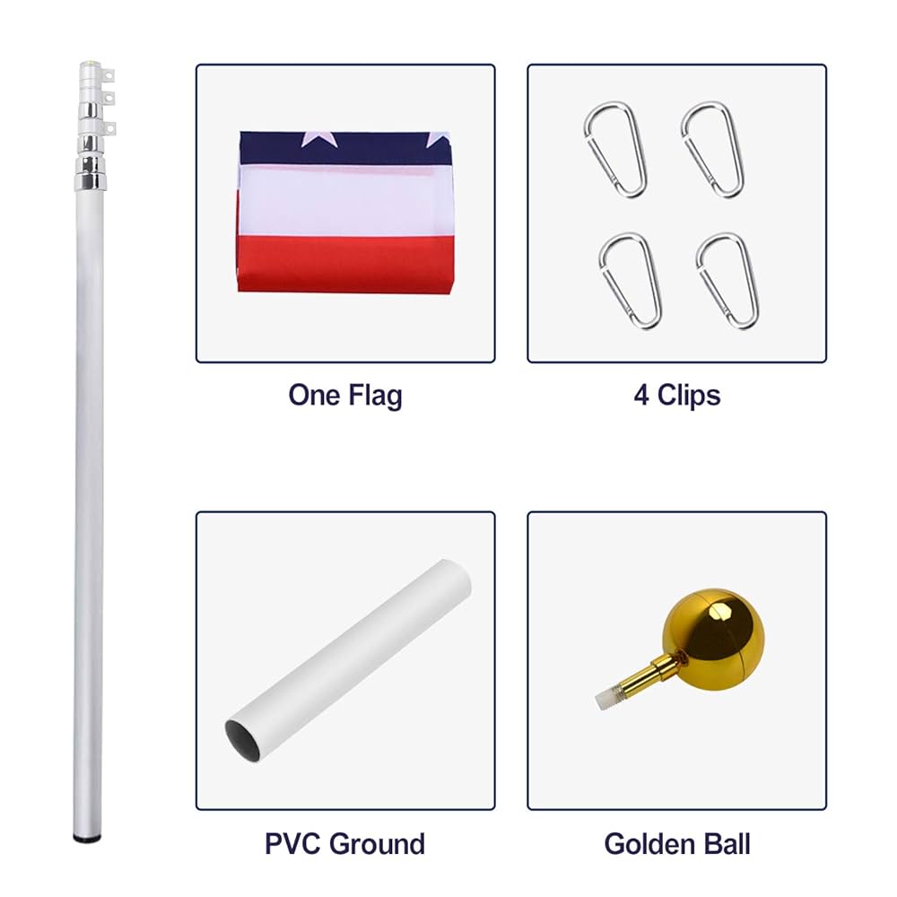 Kit De Mât Télescopique * Mât De Drapeau En Aluminium Robuste Réglable En Hauteur De * Avec Drapeau Américain 5x3 Et Boule Dorée Pour C
