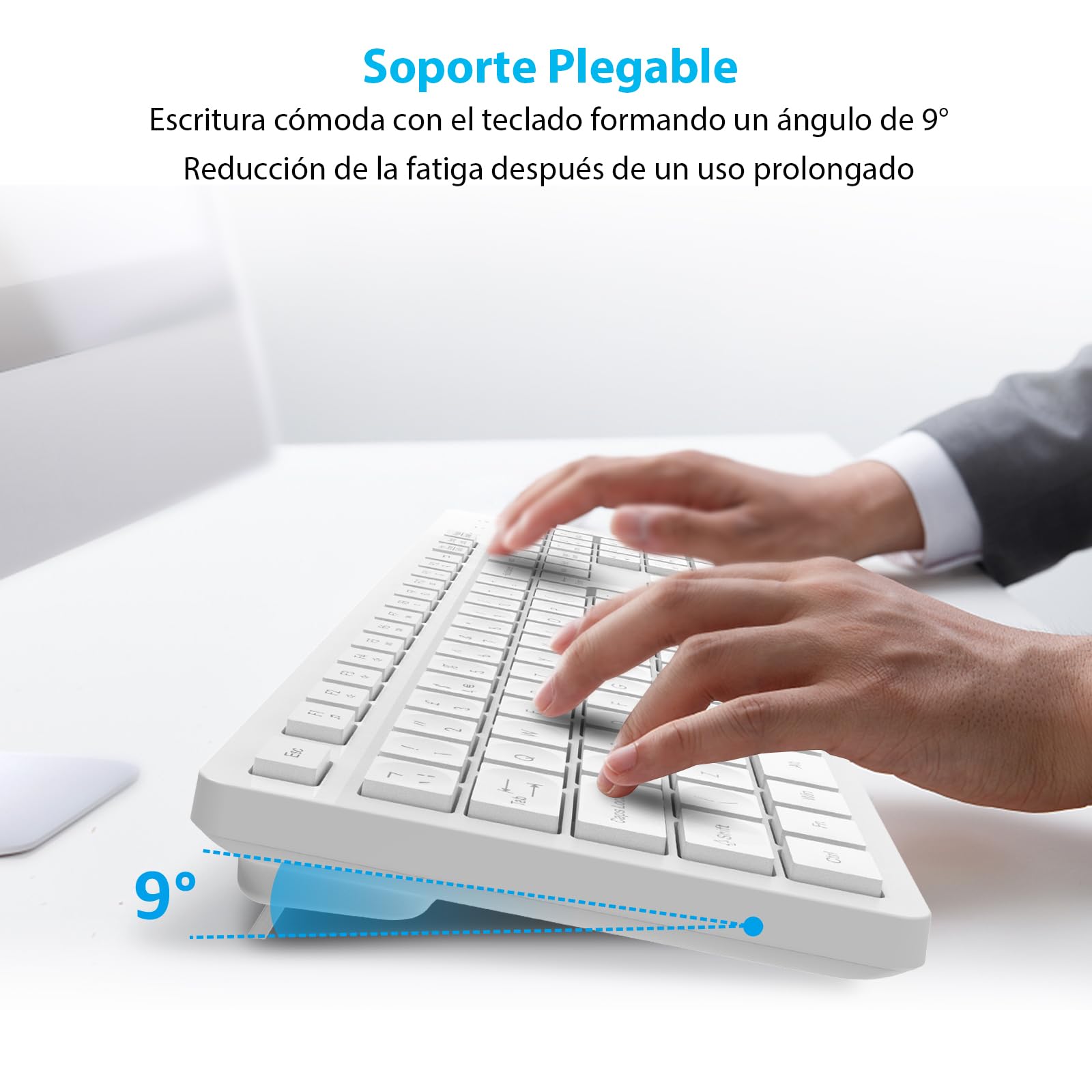 LeadsaiL Teclado y Raton Inalámbrico, Teclado y Raton Inalambrico Ergonómico, Español QWERTY, Tamaño Completo con Teclado Numérico, Receptor USB 2.4 GHz for Mac, PC, Ordenador Portátil-Blanco