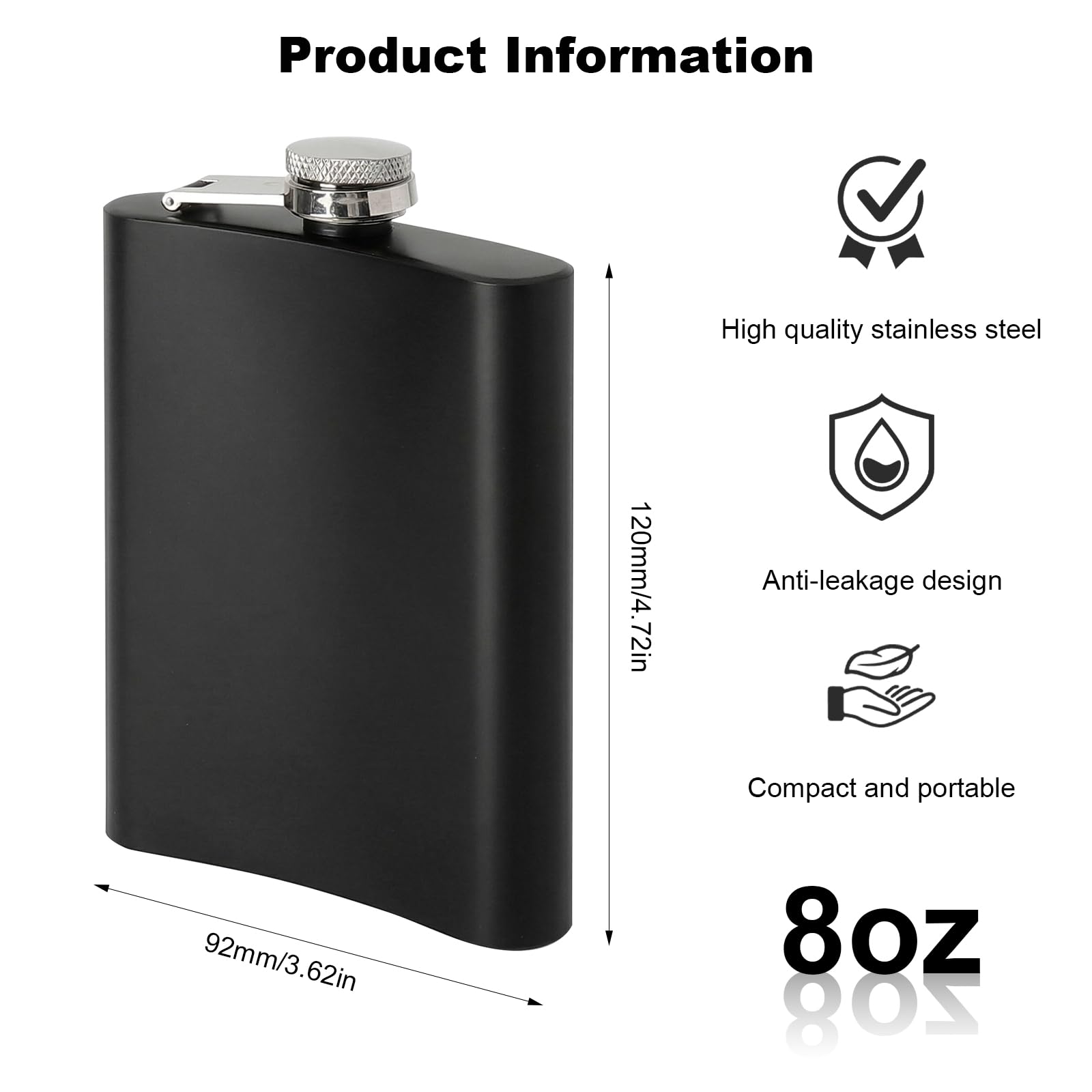 Piersiówka ze stali nierdzewnej, czarna, matowa z lejkiem – piersiówka zabezpieczona przed wyciekiem, hip Flask, mały format kieszonkowy, piersiówka do whisky, rumu, wódki, prezent dla