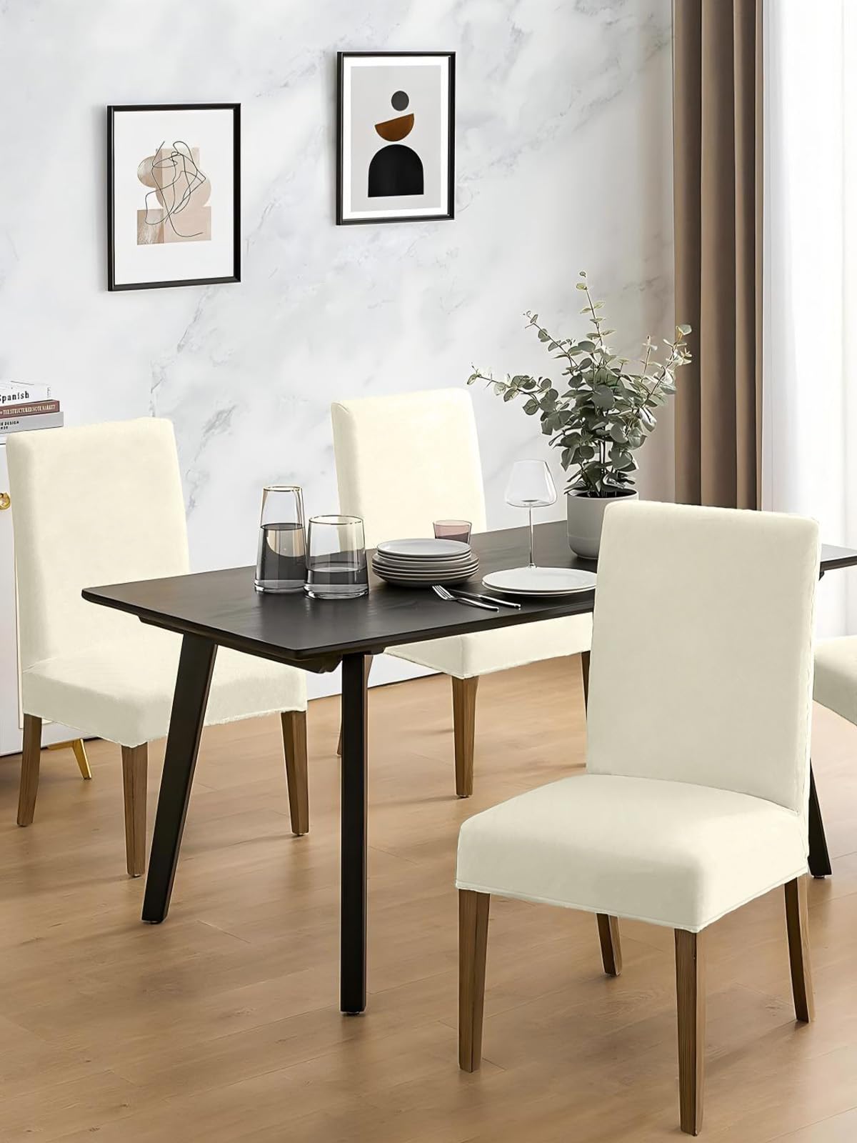 LANSHENG Stuhlhussen 6er Set, Universelle Abnehmbare Waschbar Samt Stuhlhussen, Universale Stretch Esszimmerstühle Stuhlbezug für Küche, Restaurant (Beige, 6er Set)