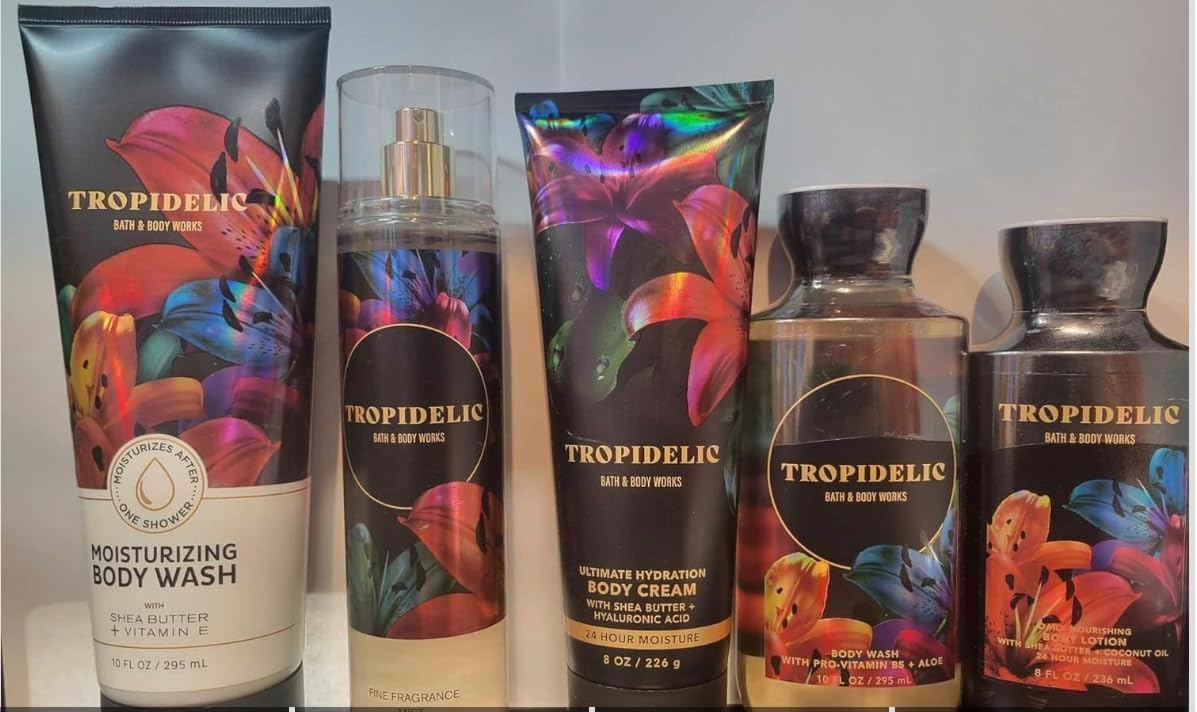 5 Bath Body Tropidelic Ultimate Hydration Body Wash, Daily Nourishing Body Lotion, Fine Fragrance Mist, Shower Gel, Cream, 5-Piece Set Tropidelic