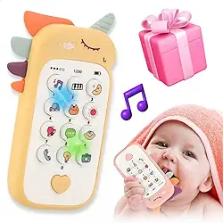 Celular Telefone Infantil De Brinquedo Interativo Música Sons Educativos Luzes Mordedor Sensorial Fase de Dentição Presente Bebê 1 Ano 12 Meses Natal Aniversário Dia Das Crianças (Unicórnio Amarelo)