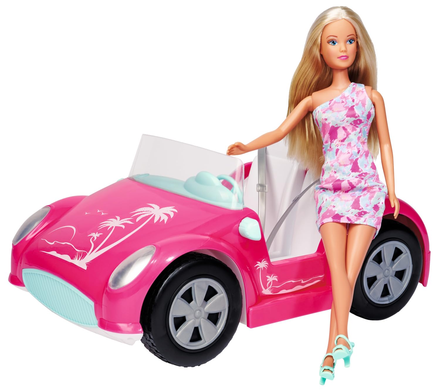Simba Steffi Love Beach Car, Spielpuppe im coolen Sommeroutfit mit Strandbuggy, 29cm, ab 3 Jahre