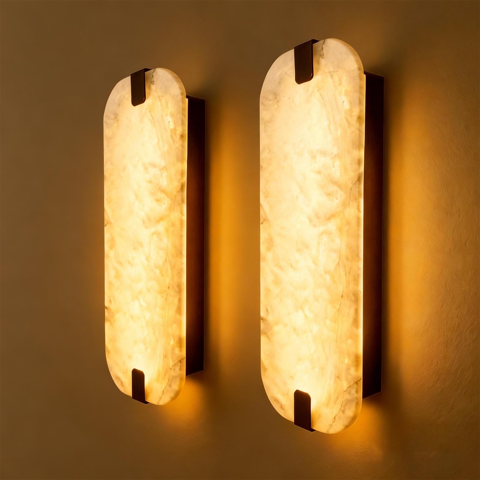 View 1 of 15.75" 2PCS Natural Marble Alabaster Wall Sconce Modern Hardwired Wall Light Fixture for Bedroom Marble Wall Sconce Natural Stone Material Wall Lamp for Stairs Suitable for Indoor Installation