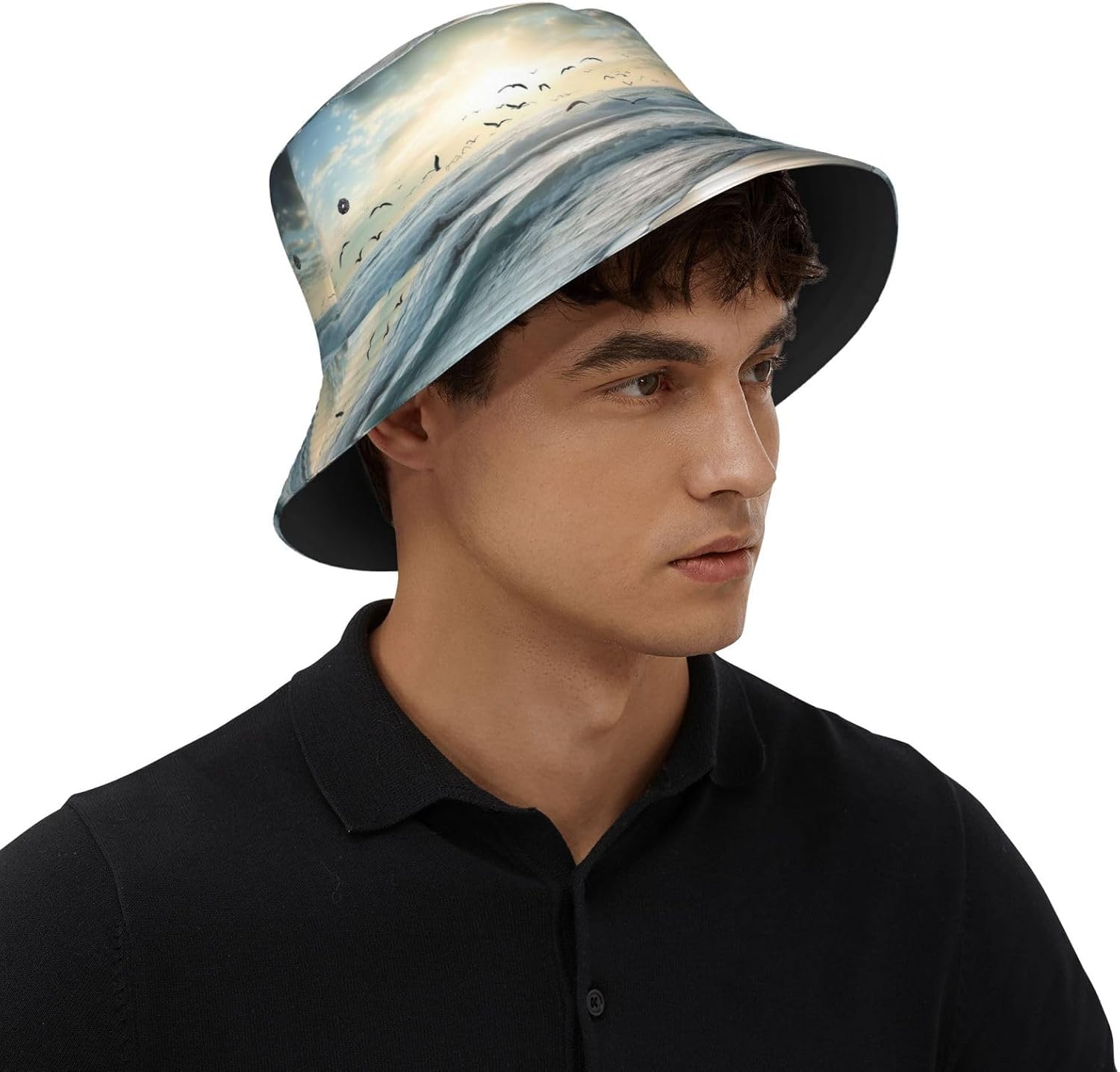 Fashion Bucket Hat for Women Men Packable Cute Sun Hats Waves On The Beach with Sea Birds Fisherman Cap Outdoor Travel Beach Caps Black