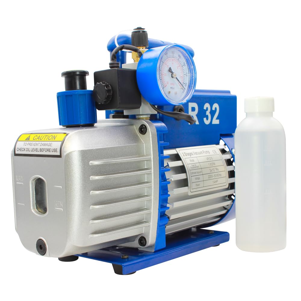 Bomba de Vacío de Doble Efecto para Aire Acondicionado R32 VP215 Bomba de Vacío Coche con Válvula Solenoide Manómetro para Mantenimiento de Aire Acondicionado Portátil para Refrigeración