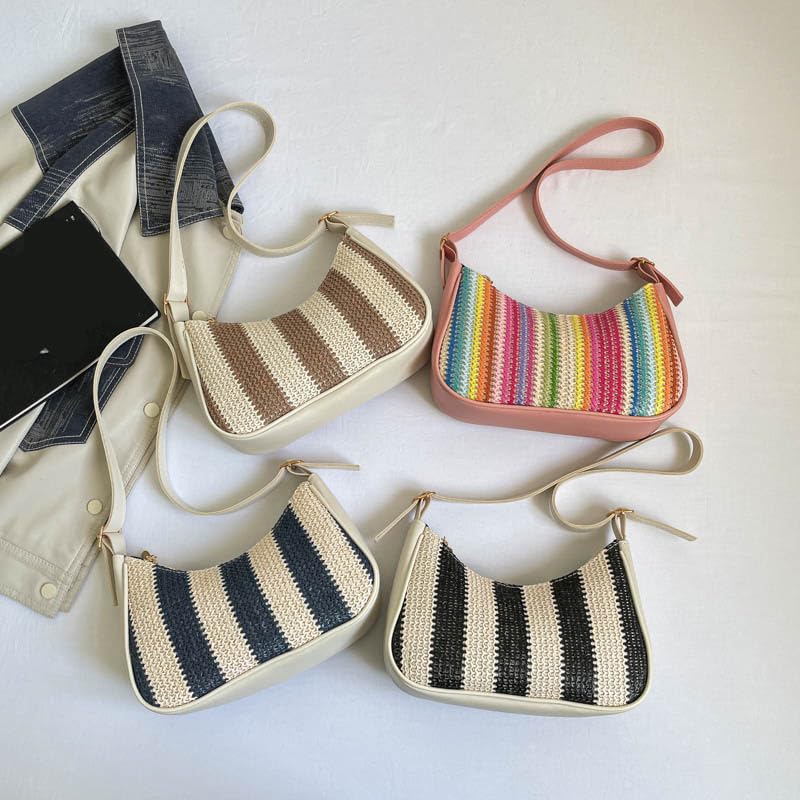 Borsa a tracolla da spiaggia da donna, grande capacità, in paglia | EcoGleam Borsa a tracolla in paglia leggera con grande capacità, motivo a righe, 24 x 16 x 7 cm