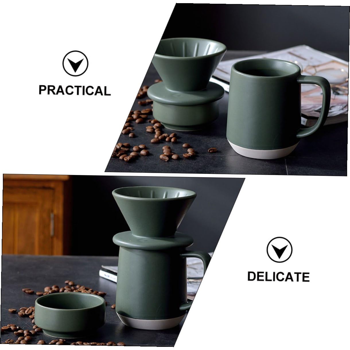 Taza de Filtro de Café de Cerámica Verde, Juego Manual | Hecha a Mano, Uso en Hogar y Oficina, Diseño Simple Detalles Delicados, Formato Portátil y Ligero