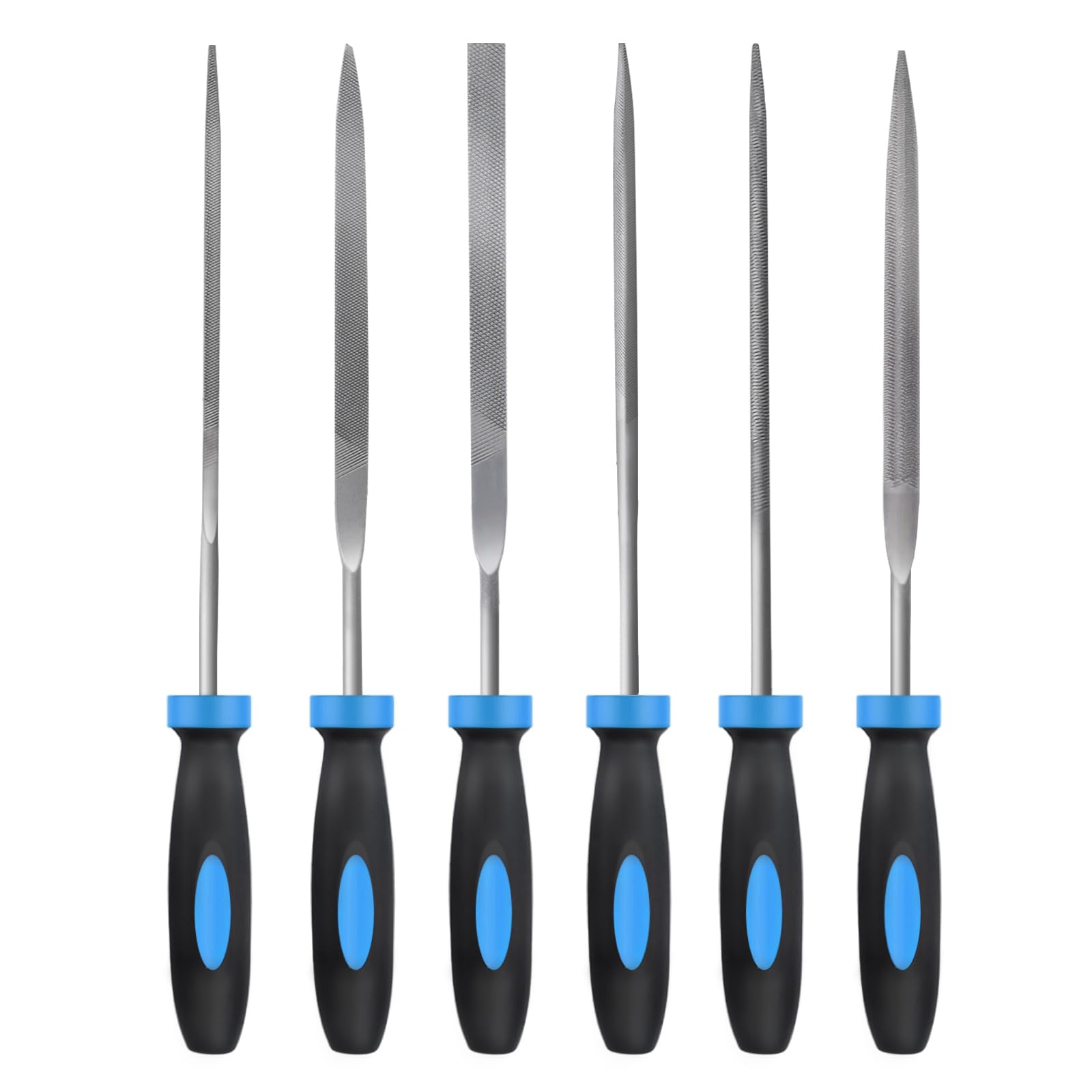 MORROWIND 6-Piece Needle File Set, Diameter 3 mm Length 140 mm Hardened Alloy Steel Mini File for Metal Wood Plastic, Includes Flat, Warding, Square, Triangular, Round, Half-Round, Blue